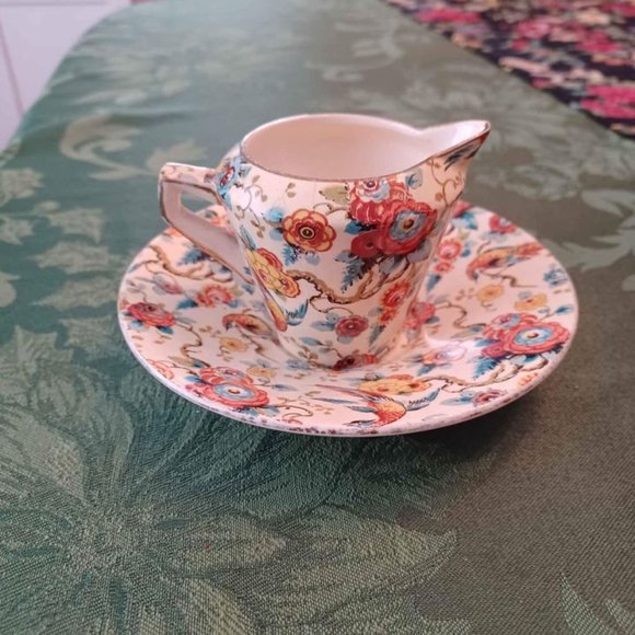 Grimwades England Royal Winton Ivory Norman Exotic Birds 1930s Creamer & Saucer - Picture 6 of 10